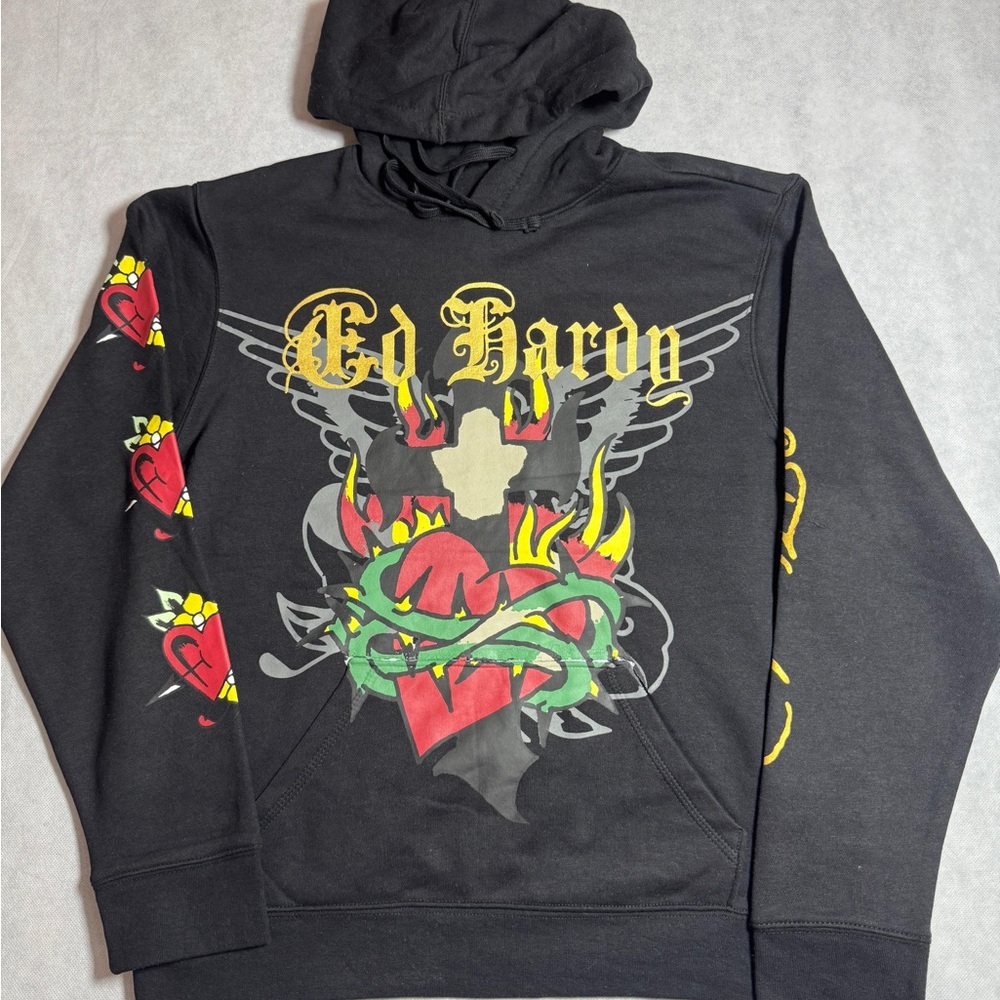 Ed Hardy Black Hoodie with Heart and Wings Design